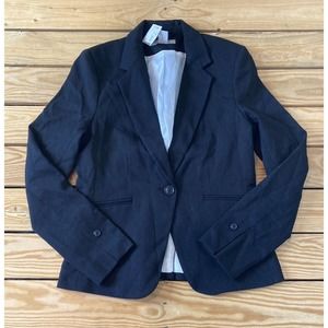 Like new H&M fully lined tailored fit 1 button waist length blue blazer, Size 6.